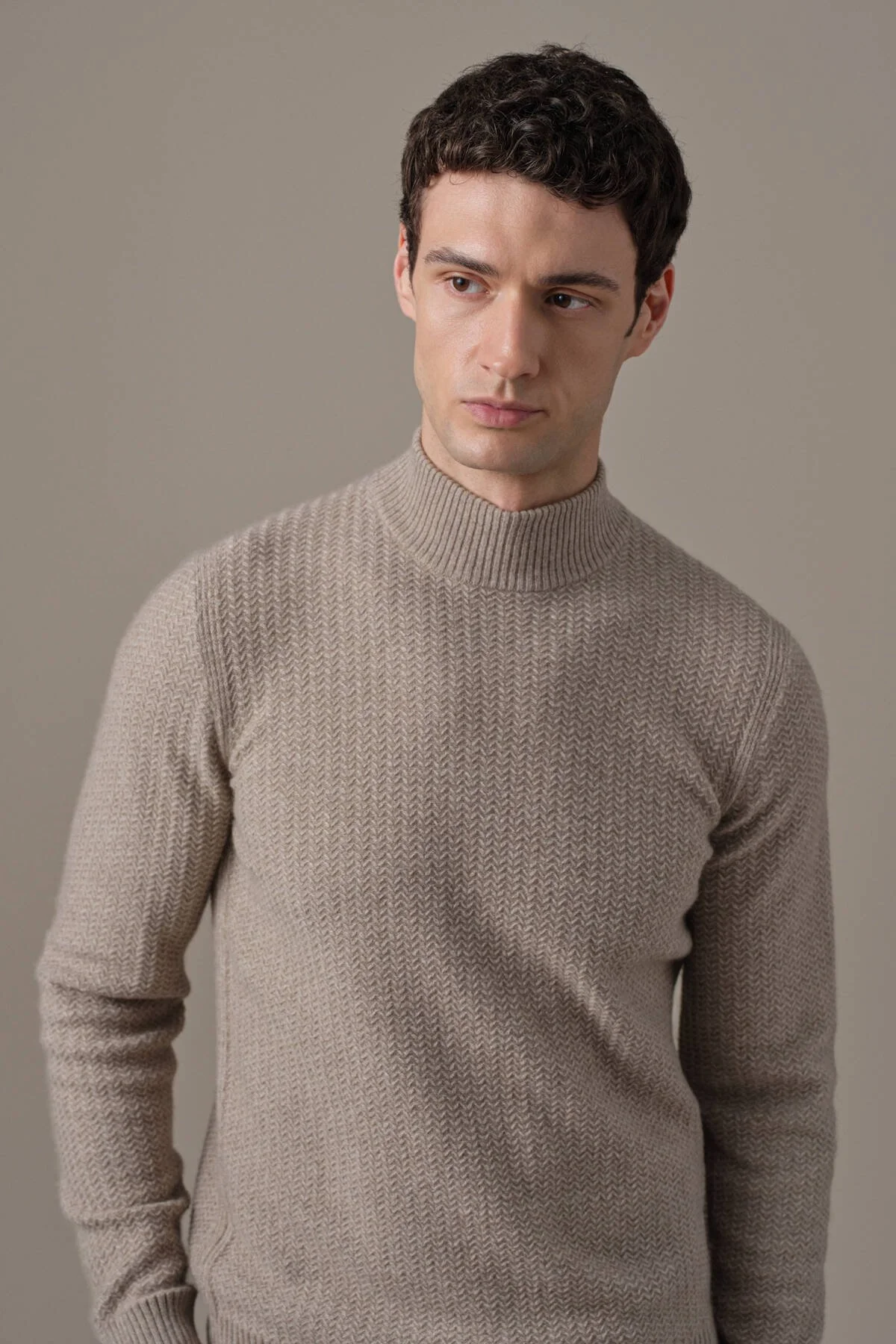 Hemington - Saf Kaşmir Lupeto Yaka Zigzag Örgü Camel Kazak (2)