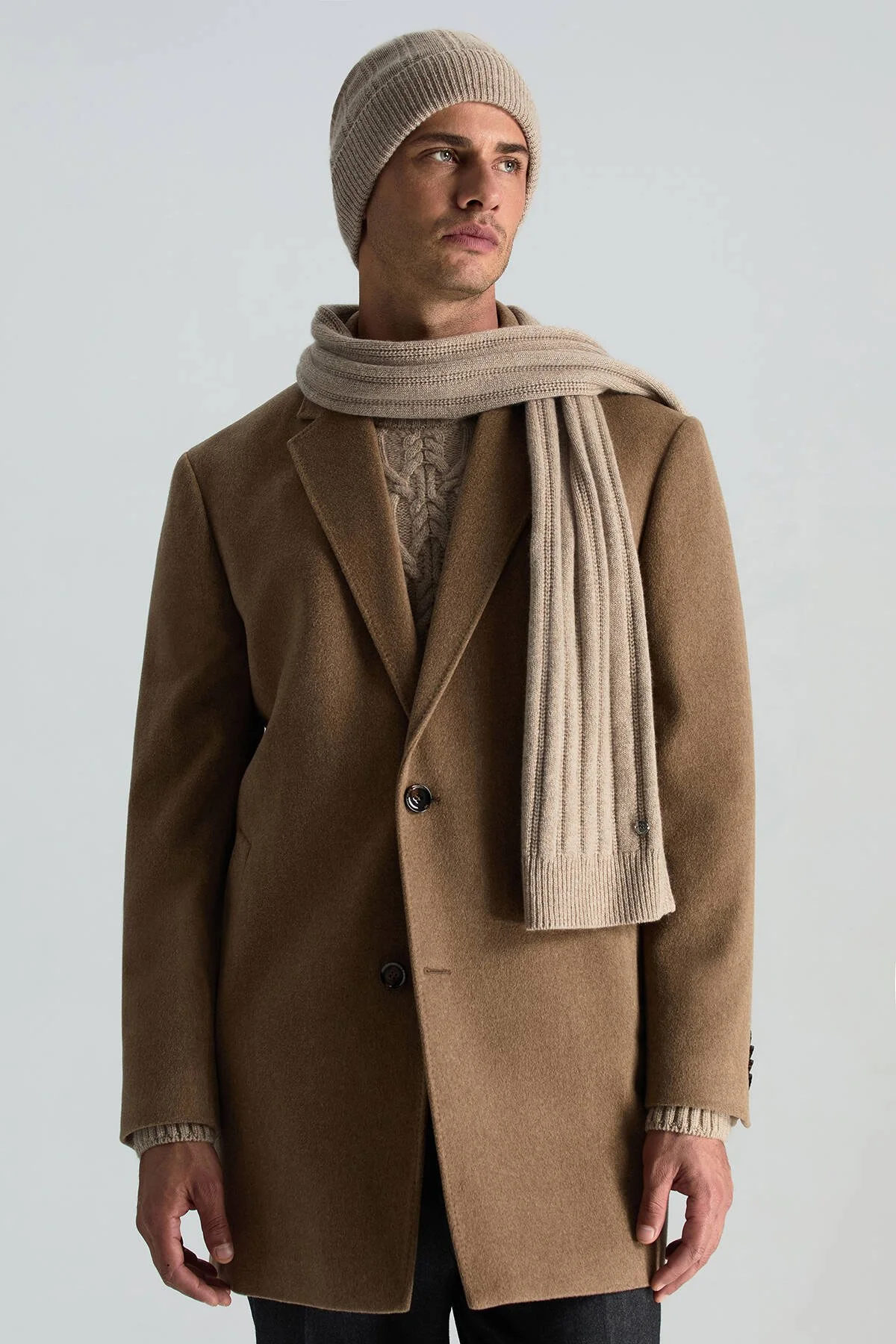 Hemington - Saf Kaşmir Örgü Desenli Camel Atkı (1)