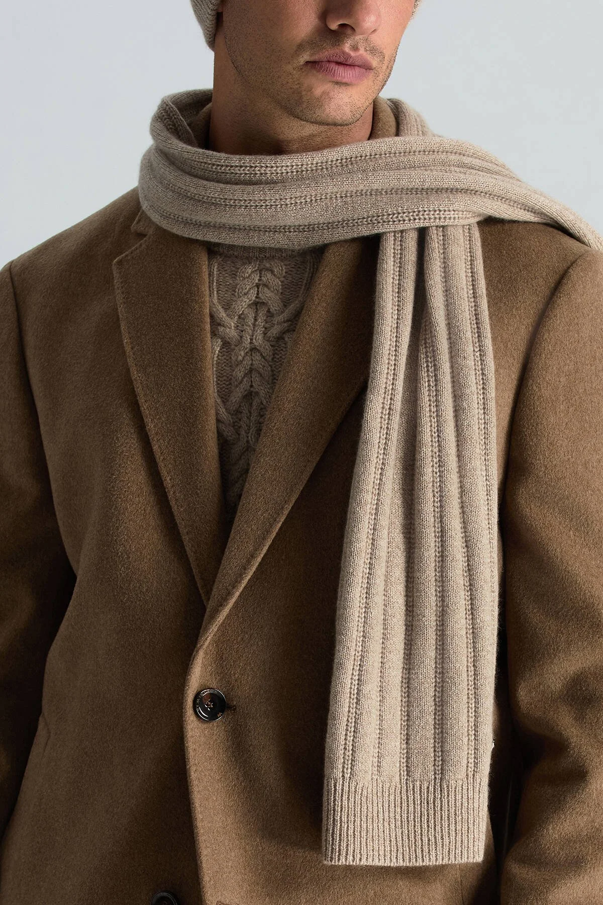 Hemington - Saf Kaşmir Örgü Desenli Camel Atkı (3)