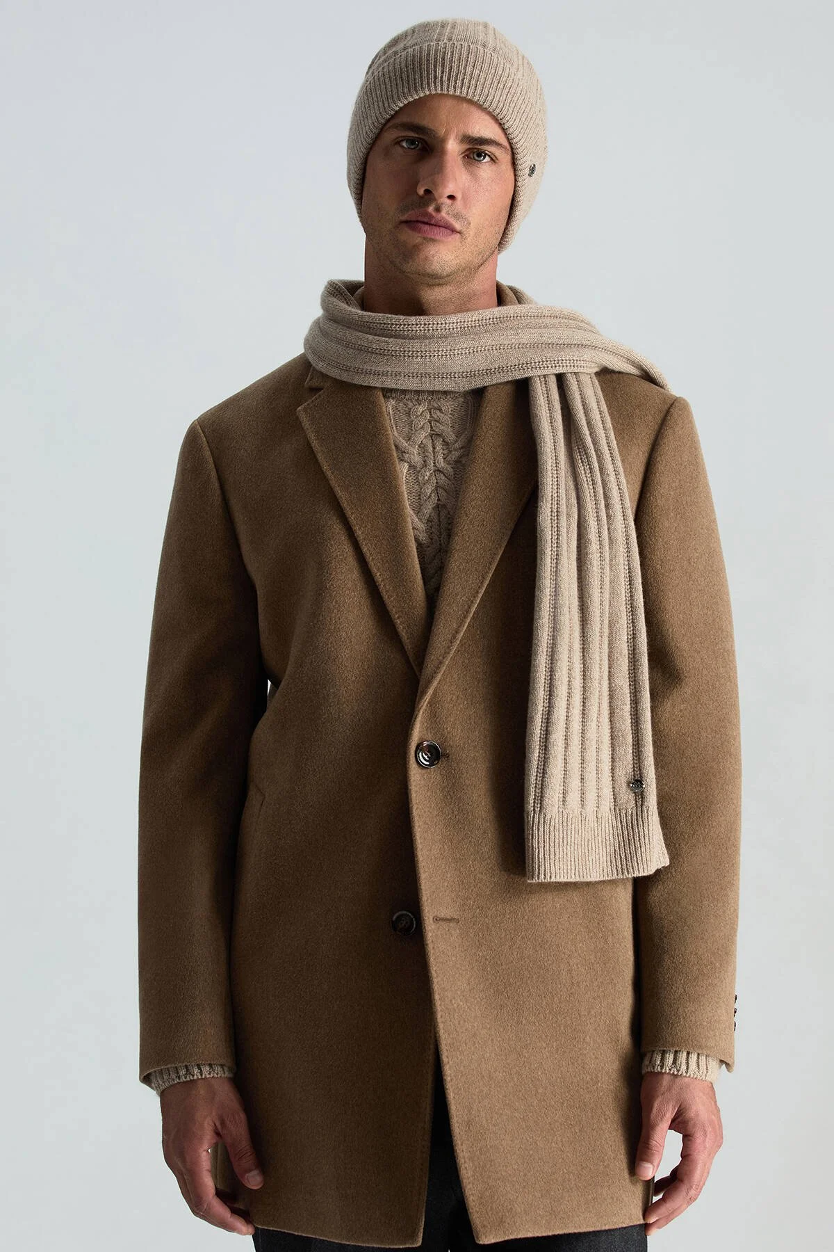 Hemington - Saf Kaşmir Örgü Desenli Camel Bere (3)