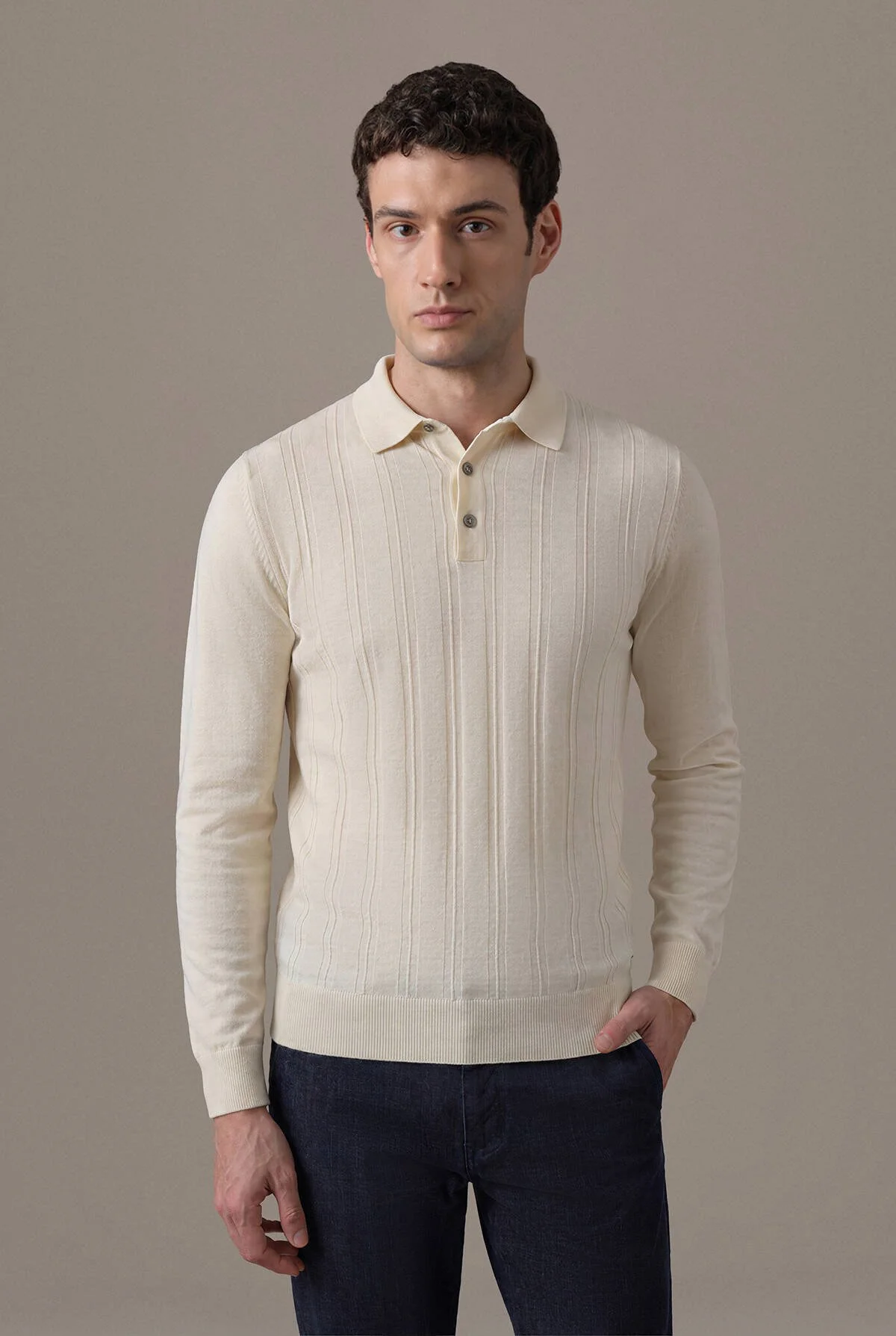 Hemington - Saf Kaşmir Şerit Desenli Ekru Polo Triko (1)