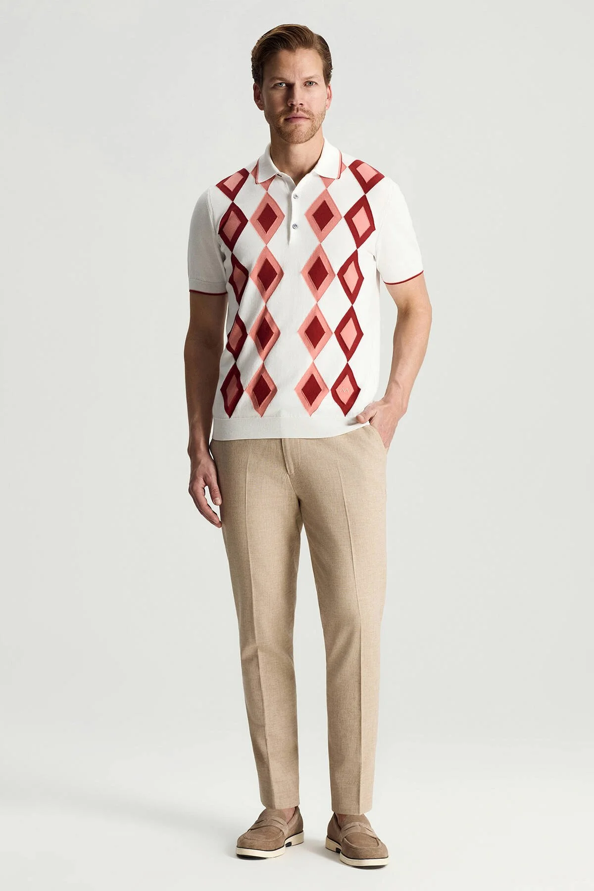 Hemington - Saf Pamuk Argyle Desen Beyaz-Bordo Triko Polo (3)