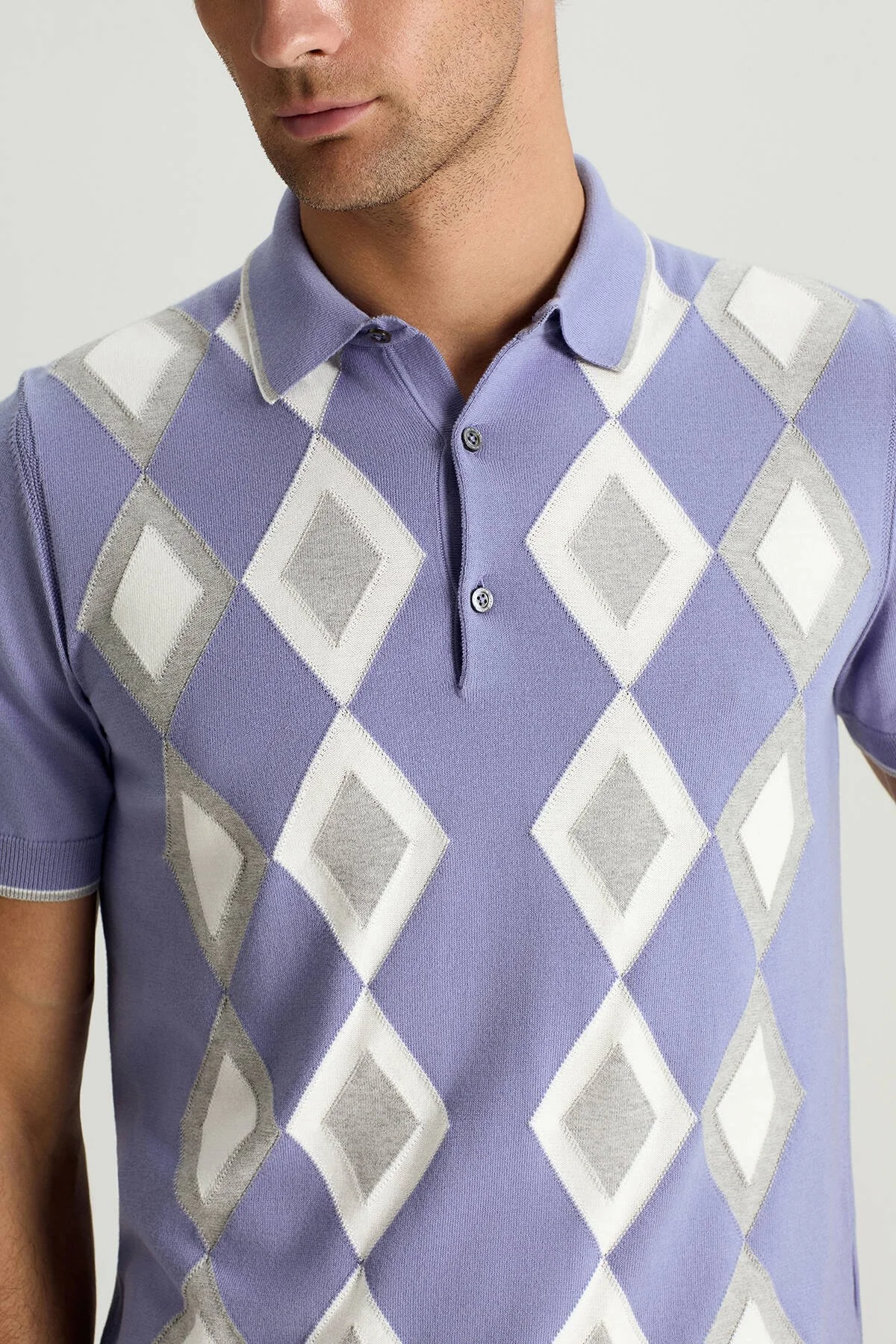 Hemington - Saf Pamuk Argyle Desen Mor-Açık Gri Triko Polo (4)