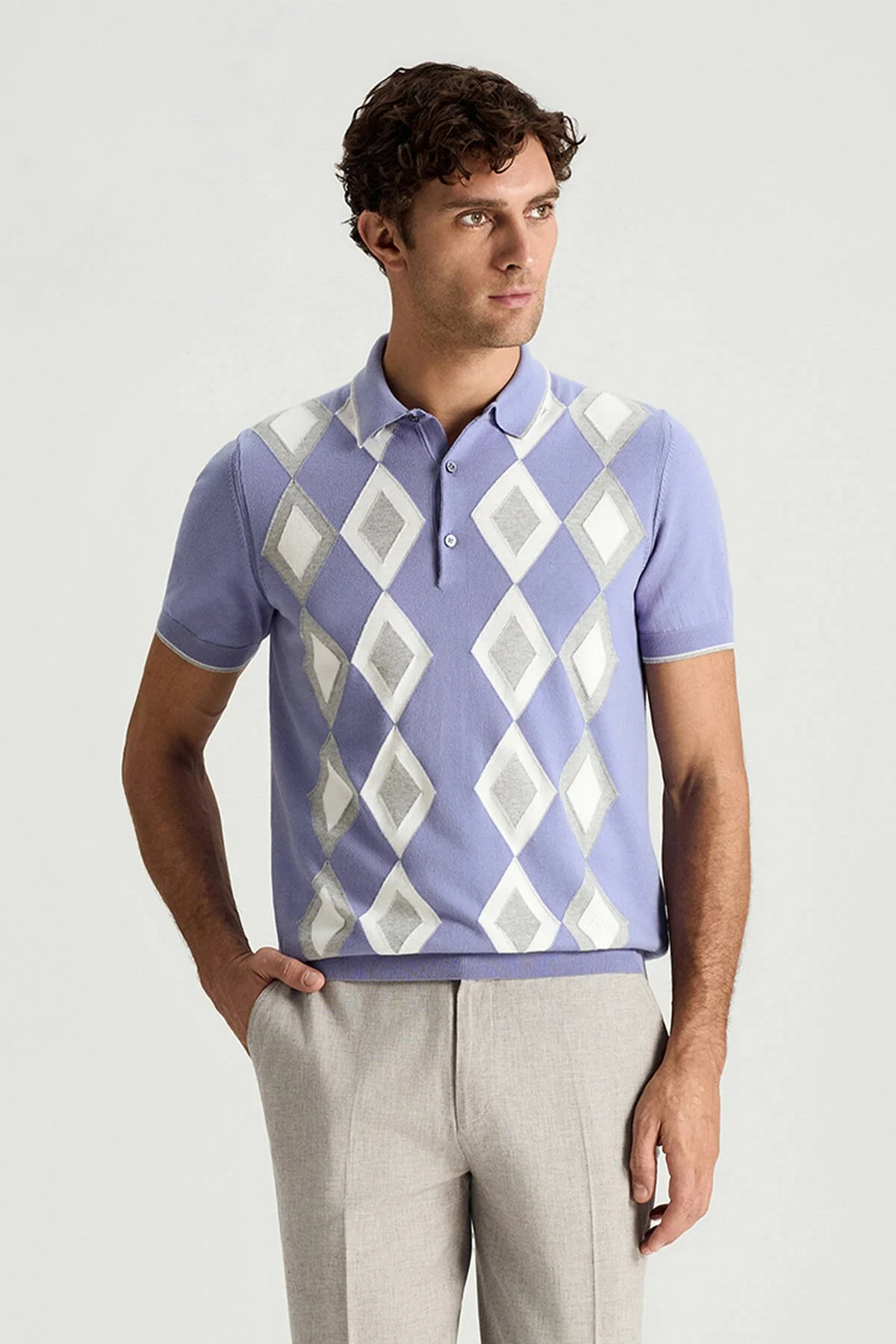 Hemington - Saf Pamuk Argyle Desen Mor-Açık Gri Triko Polo (1)
