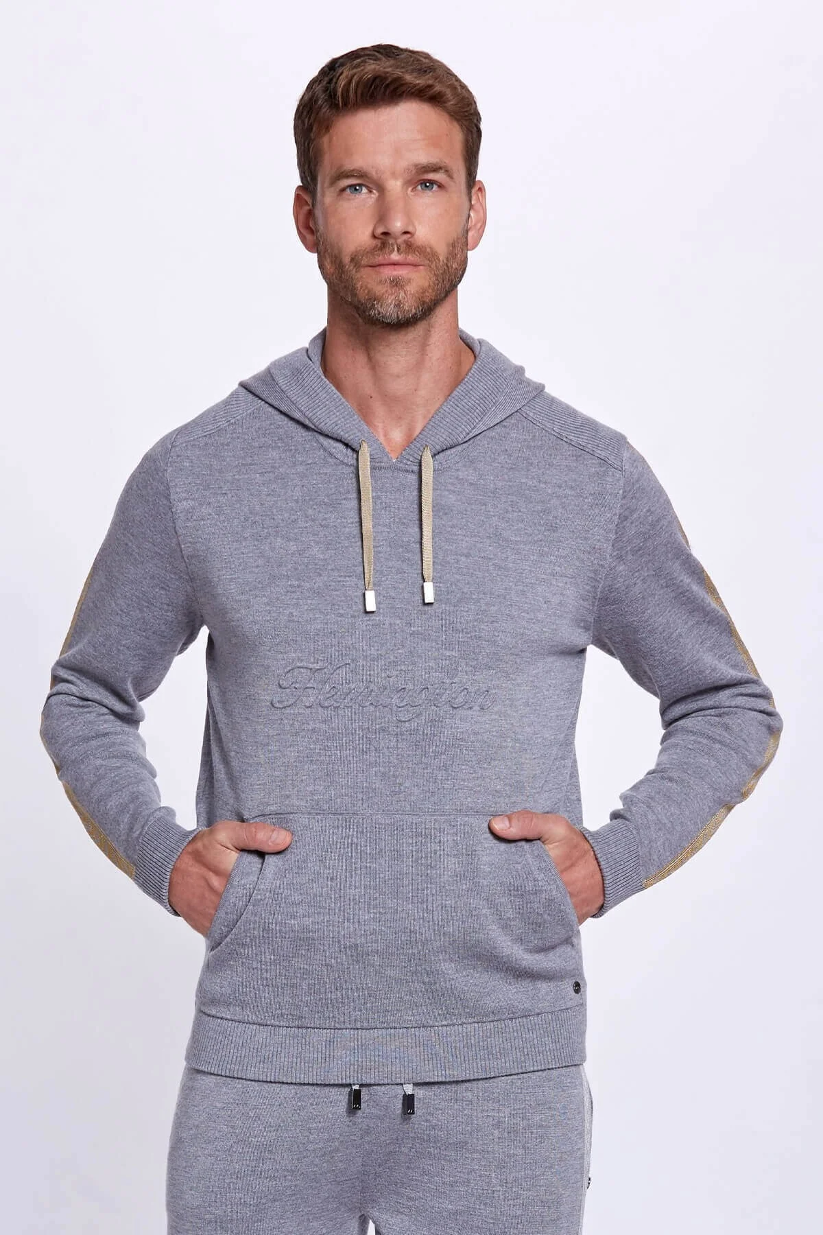 Hemington - Şerit Detaylı Logolu Kapüşonlu Gri Triko Hoody (1)