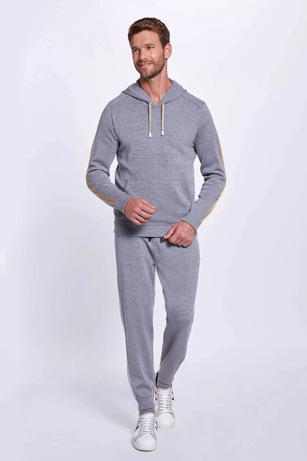 Hemington - Şerit Detaylı Logolu Kapüşonlu Gri Triko Hoody (2)