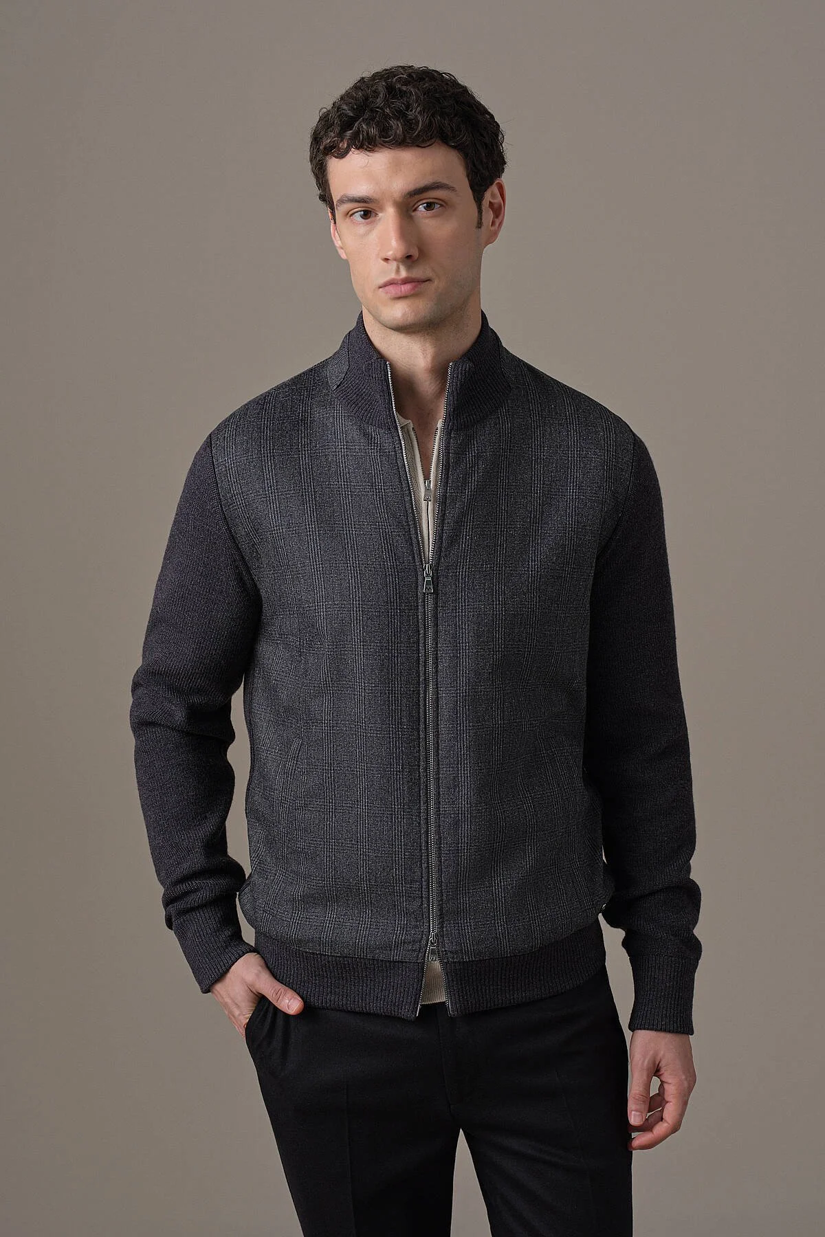 Hemington - Tartan Desen Kumaşlı Antrasit Tailored Triko Ceket (1)