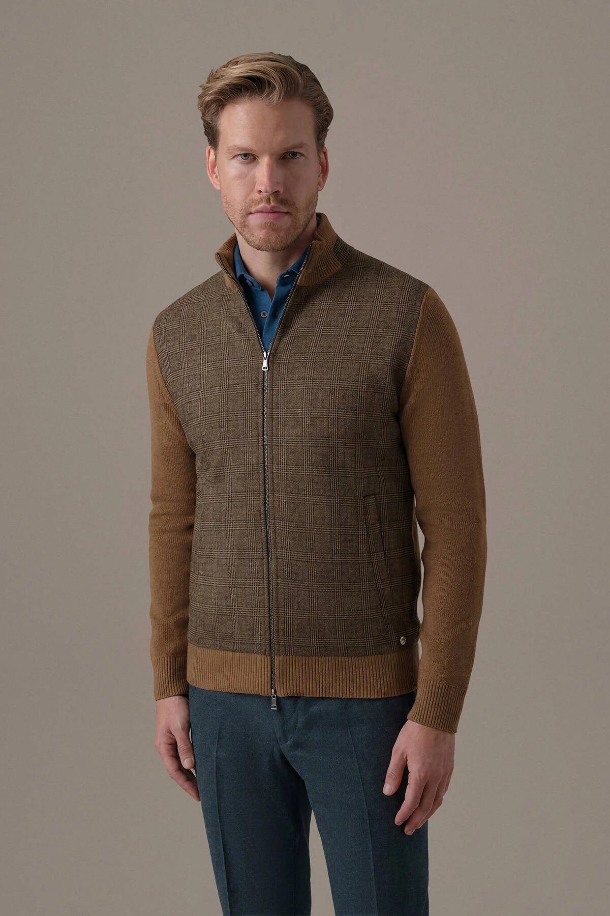Hemington - Tartan Desen Kumaşlı Tütün Rengi Tailored Triko Ceket (1)