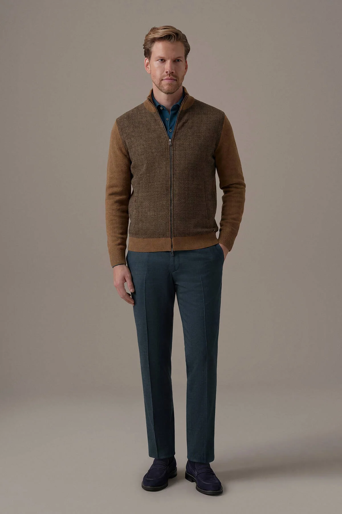 Hemington - Tartan Desen Kumaşlı Tütün Rengi Tailored Triko Ceket (2)