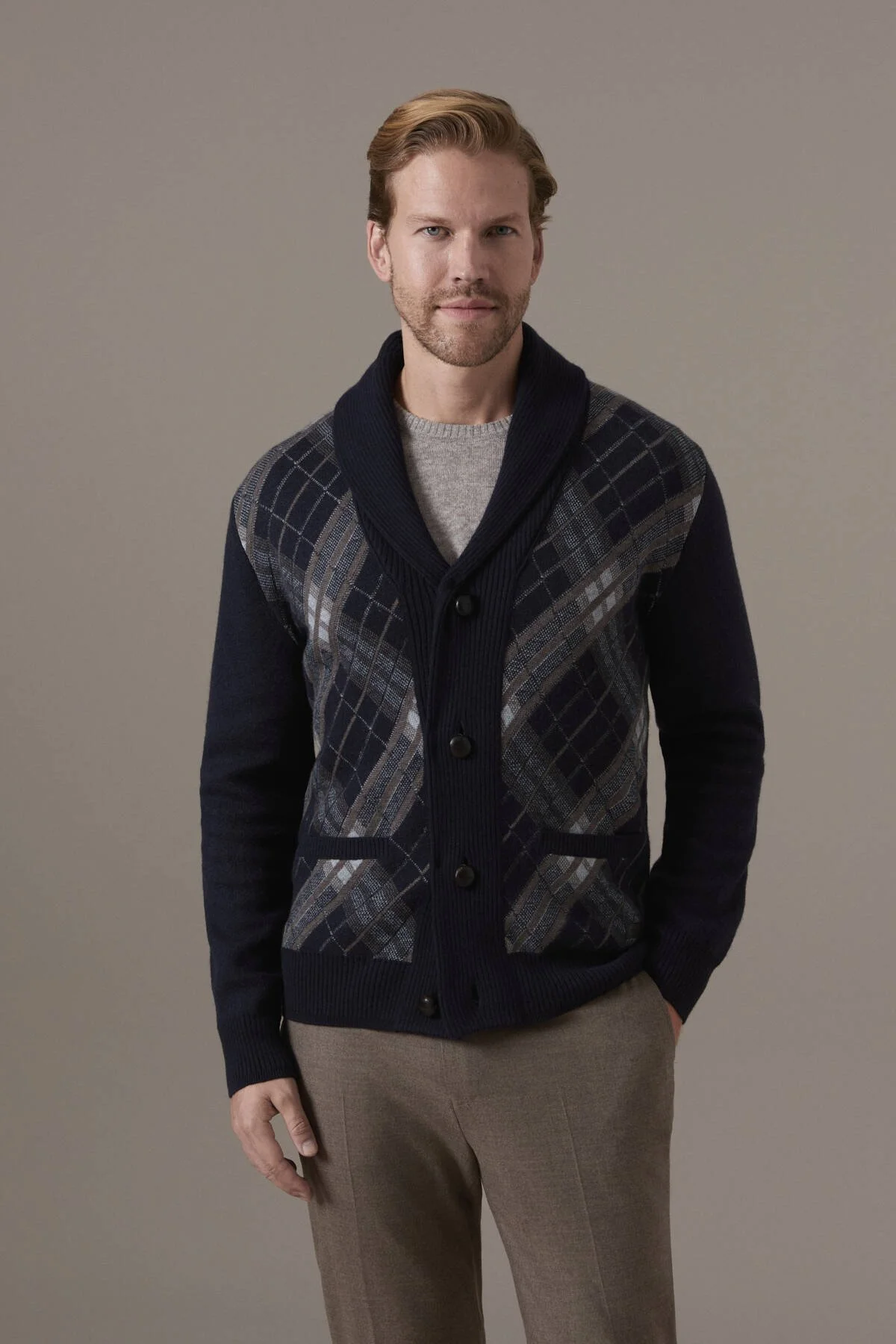 Hemington - Tartan Desen Lacivert Yün Triko Hırka (1)