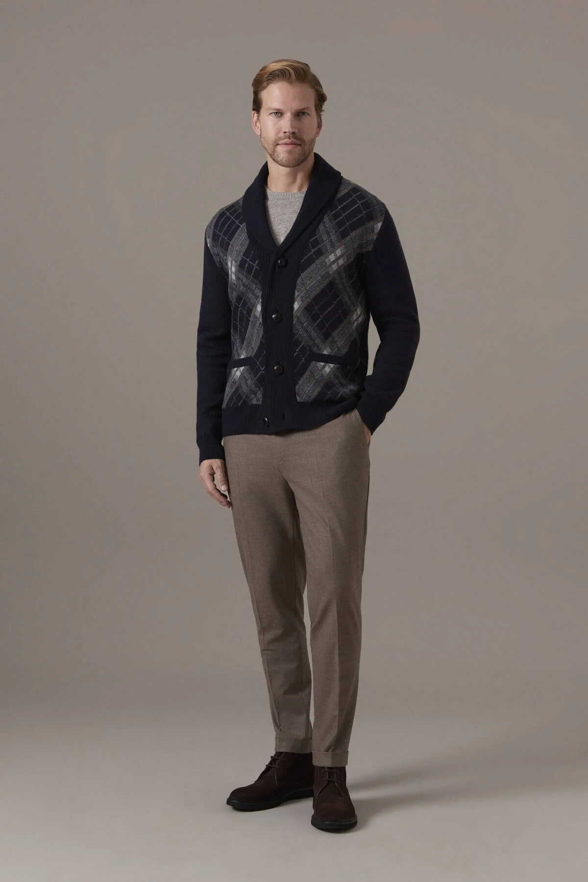 Hemington - Tartan Desen Lacivert Yün Triko Hırka (2)