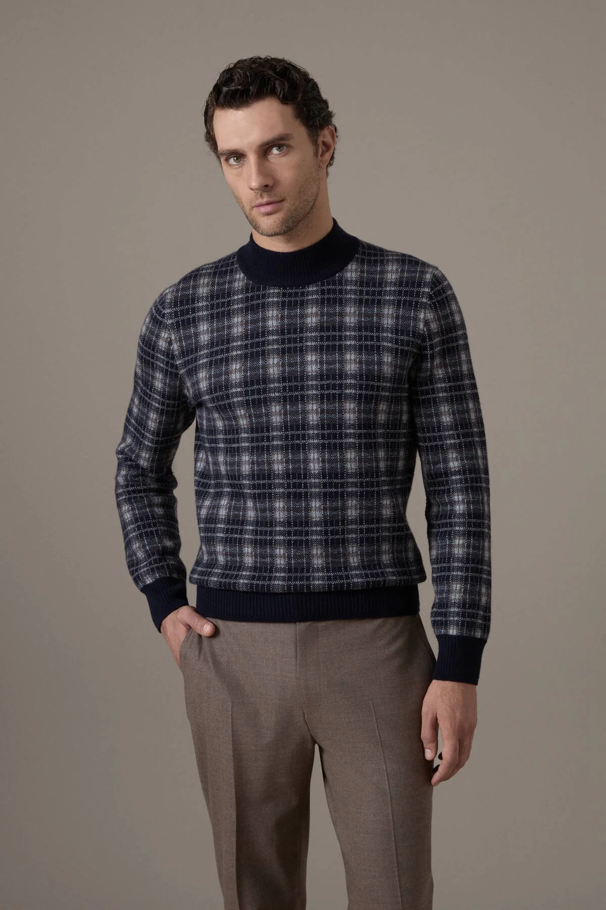 Hemington - Tartan Desen Lupetto Yaka Lacivert Kazak (1)