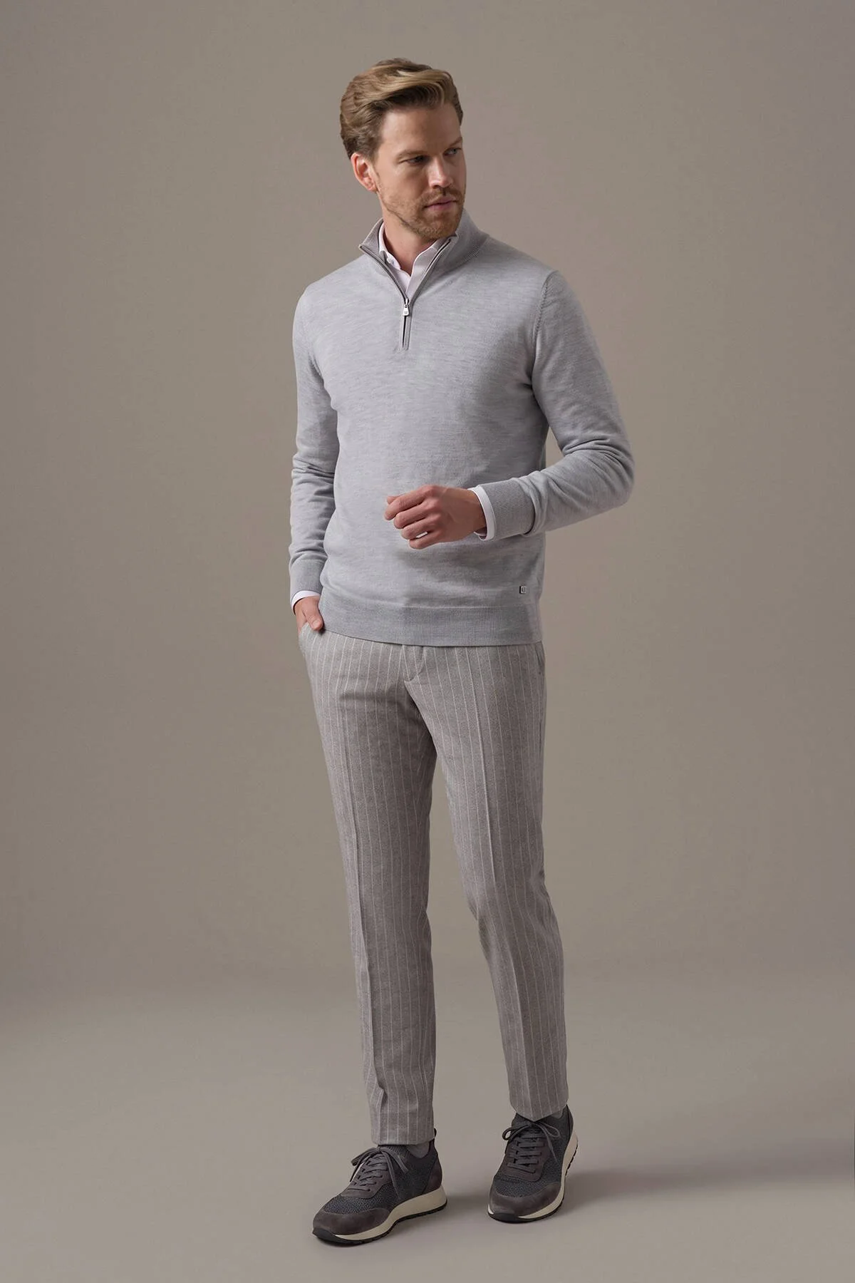 Hemington - Ultrafine Kaşmir Fermuarlı Açık Gri Polo Triko (2)