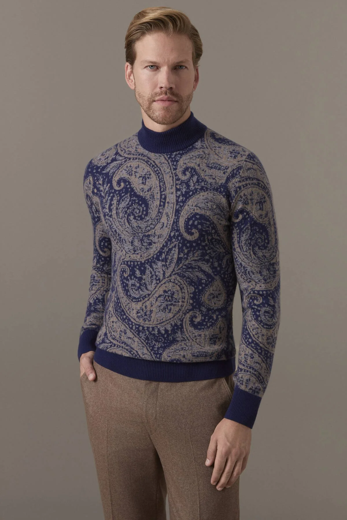 Hemington - Ultrafine Kaşmir Lupetto Yaka Paisley Desen Lacivert-Camel Kazak (1)