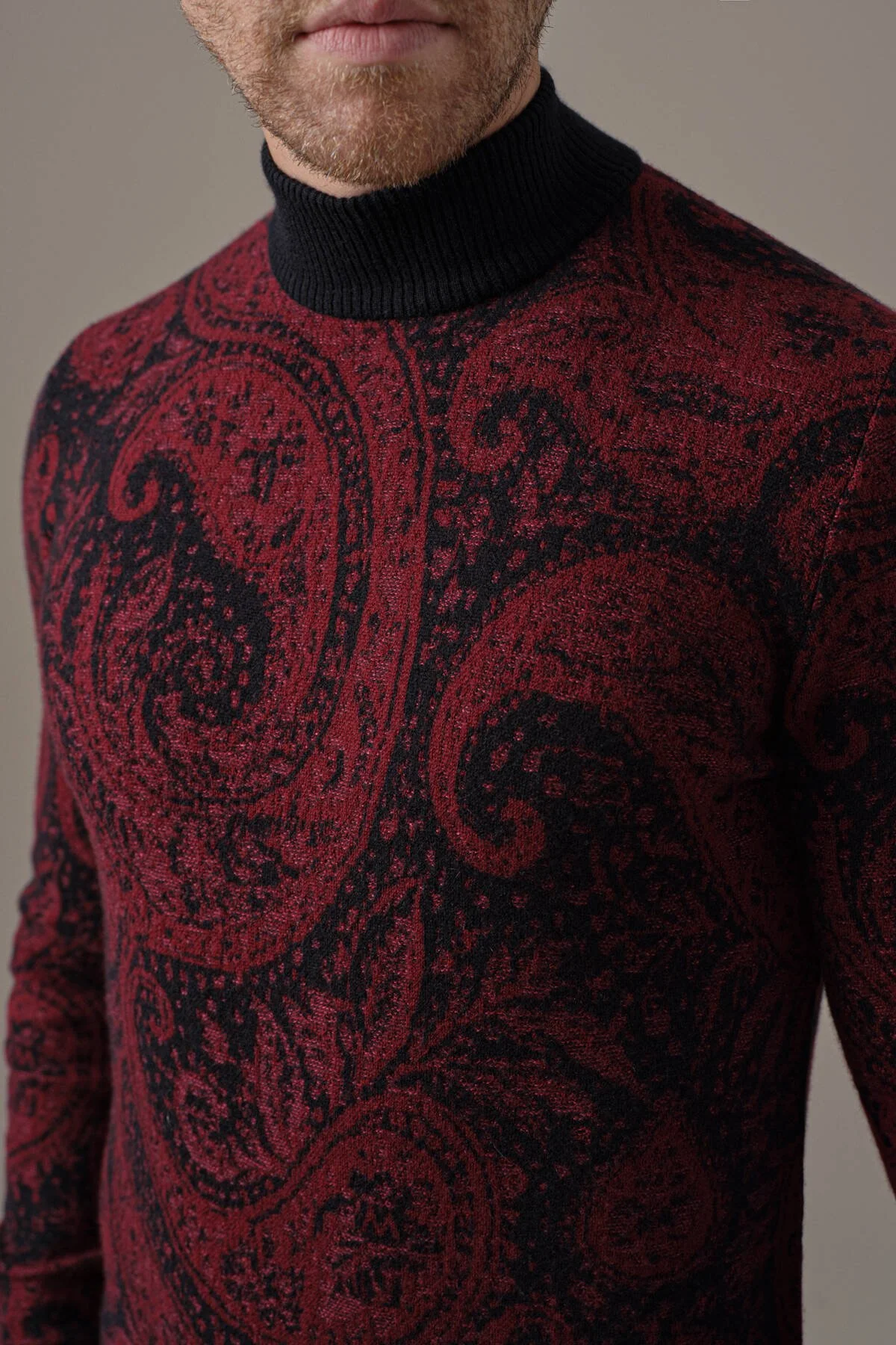 Hemington - Ultrafine Kaşmir Lupetto Yaka Paisley Desen Siyah-Bordo Kazak (2)