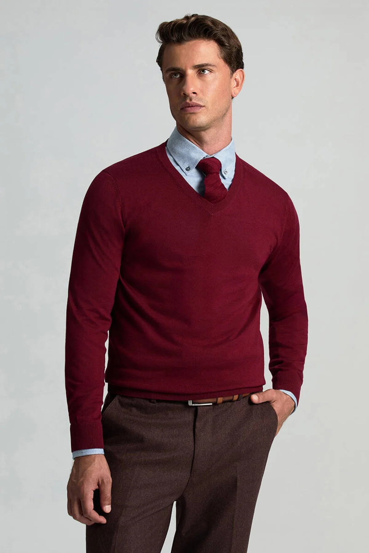 Hemington - V Yaka Merino Yün Bordo Triko (1)