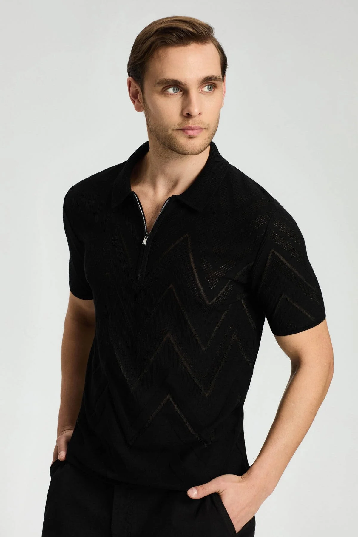 Hemington - Zigzag Desen Siyah Giza Pamuk Triko Polo (1)