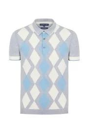 Hemington - Açık Gri Beyaz Baklava Desen Triko Polo