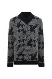 Hemington - Alpaka Yün Kaşmir Karışım Şal Yaka Desenli Siyah Triko