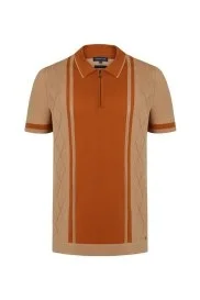 Hemington - Bej Çizgili Fermuarlı Triko Polo