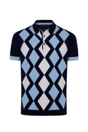Lacivert Beyaz Argyle Desen Triko Polo