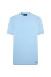 Bisiklet Yaka Rahat Resim Saf Pamuk Mavi T-Shirt