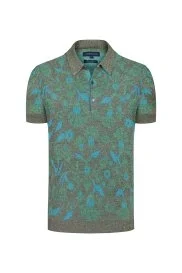 Hemington - Çiçek Desen Keten Pamuk Haki Triko Polo