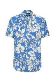 Hemington - Çiçek Desen Keten Pamuk Karışım Mavi Gömlek