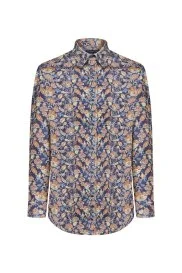 Hemington - Çiçek Desen Saf Pamuk Gizli Düğme Lacivert Kadife Gömlek