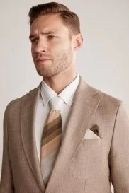 Hemington - Çizgi Desen Camel Beyaz Örgü Mendil