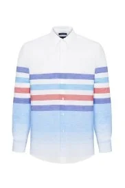 Hemington - Çizgi Desen Saf Keten Mavi Beyaz Gömlek