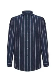 Hemington - Çizgi Desen İtalyan Yaka Saf Keten Lacivert Gömlek Hemington - Çizgi Desen İtalyan Yaka Saf Keten Lacivert Gömlek