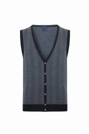 Hemington - Herringbone Desen Siyah Extrafine Merino Triko Yelek