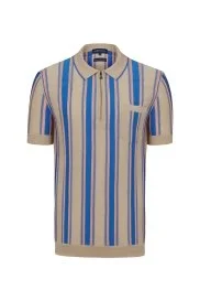 Hemington - Çizgili Fermuar Detaylı Bej Triko Polo