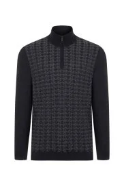 Hemington - Desenli Fermuarlı Yaka Antrasit Merino Yün Triko