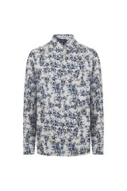 Hemington - Flower Desen Gizli Düğme Lacivert Saf Pamuk Gömlek