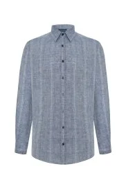 Hemington - Etnik Desen Saf Keten Koyu Mavi Gömlek Hemington - Etnik Desen Saf Keten Koyu Mavi Gömlek