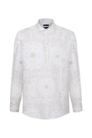 Hemington - Etnik Desen İtalyan Yaka Pamuk Tencel Beyaz Gömlek Hemington - Etnik Desen İtalyan Yaka Pamuk Tencel Beyaz Gömlek