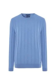 Extrafine Merino Yün-Pamuk Karışım Desenli Mavi Triko