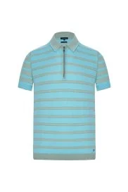 Hemington - Fermuar Detaylı Çizgi Desen Turkuaz Triko Polo