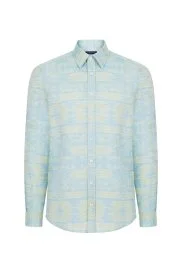 Hemington - Geometrik Desen Keten Karışımlı Yeşil Gömlek