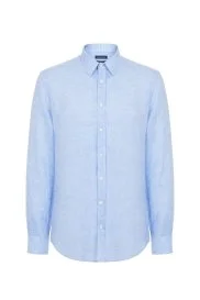 Gök Mavisi Saf Keten Spor Gömlek