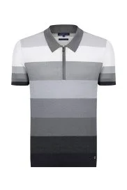 Hemington - Gri Çizgili Fermuarlı Yaka Merserize Pamuk Triko Polo