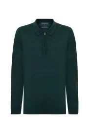 Hemington - İpek Karışımlı Polo Yaka Koyu Yeşil Merino Yün Triko