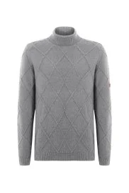 Hemington - Kaşmir Yün Karışım Argyle Desen Boğazlı Yaka Gri Kazak