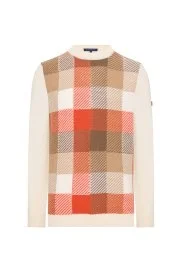 Hemington - Kaşmir Merino Yün Karışım Tartan Desen Ekru Turuncu Kazak