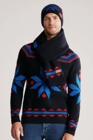 Hemington - Kaşmir Yün Karışım Kar Desen Lacivert Atkı