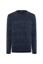 Hemington - Merino Yün Etnik Desen Bisiklet Yaka Lacivert Kazak