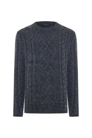 Hemington - Merino Yün-İpek Karışım Aran Örgü Desen Bisiklet Yaka Lacivert Kazak