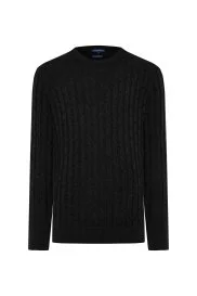 Hemington - Merino Yün İpek Karışım Örgü Desen Bisiklet Yaka Siyah Triko